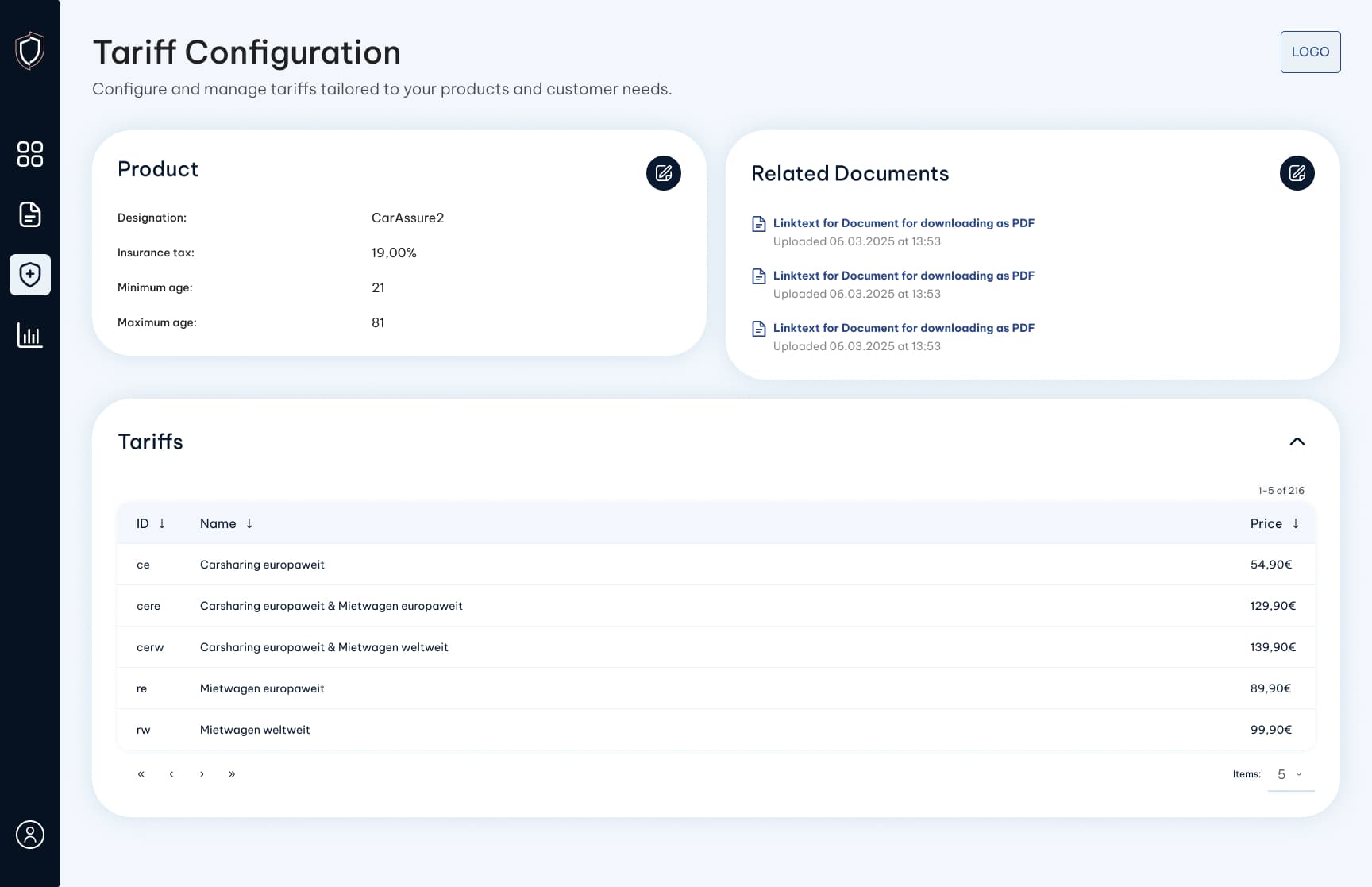 Screenshot: Tarifkonfiguration