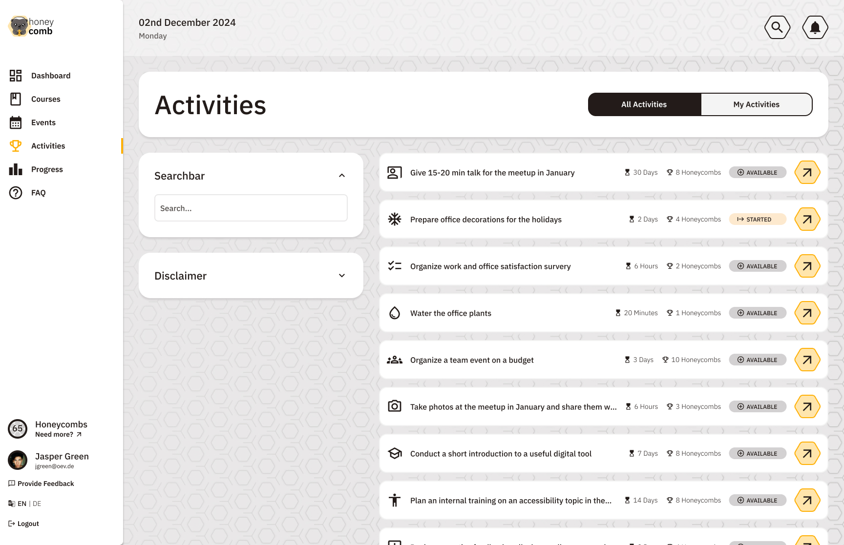 Screenshot: Aktivitäten-Übersicht