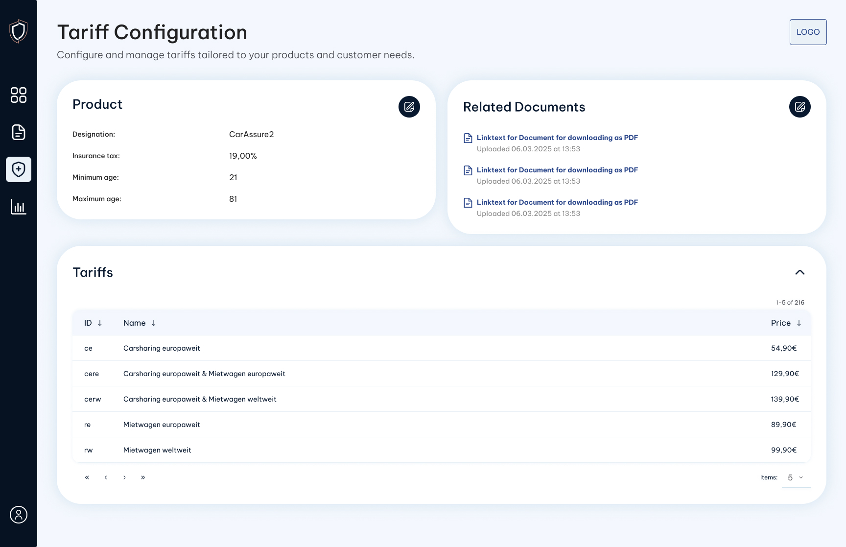 Screenshot: Tarifkonfiguration